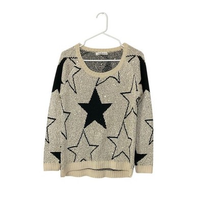 Grifflin Paris Wool Blend Sequin & Stars Black Gold Sweater Ribbed Trim Sz Large