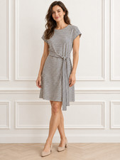 J.Crew Women’s Striped Tie Waist Dress Size M Navy Ivory Short Sleeve NWT