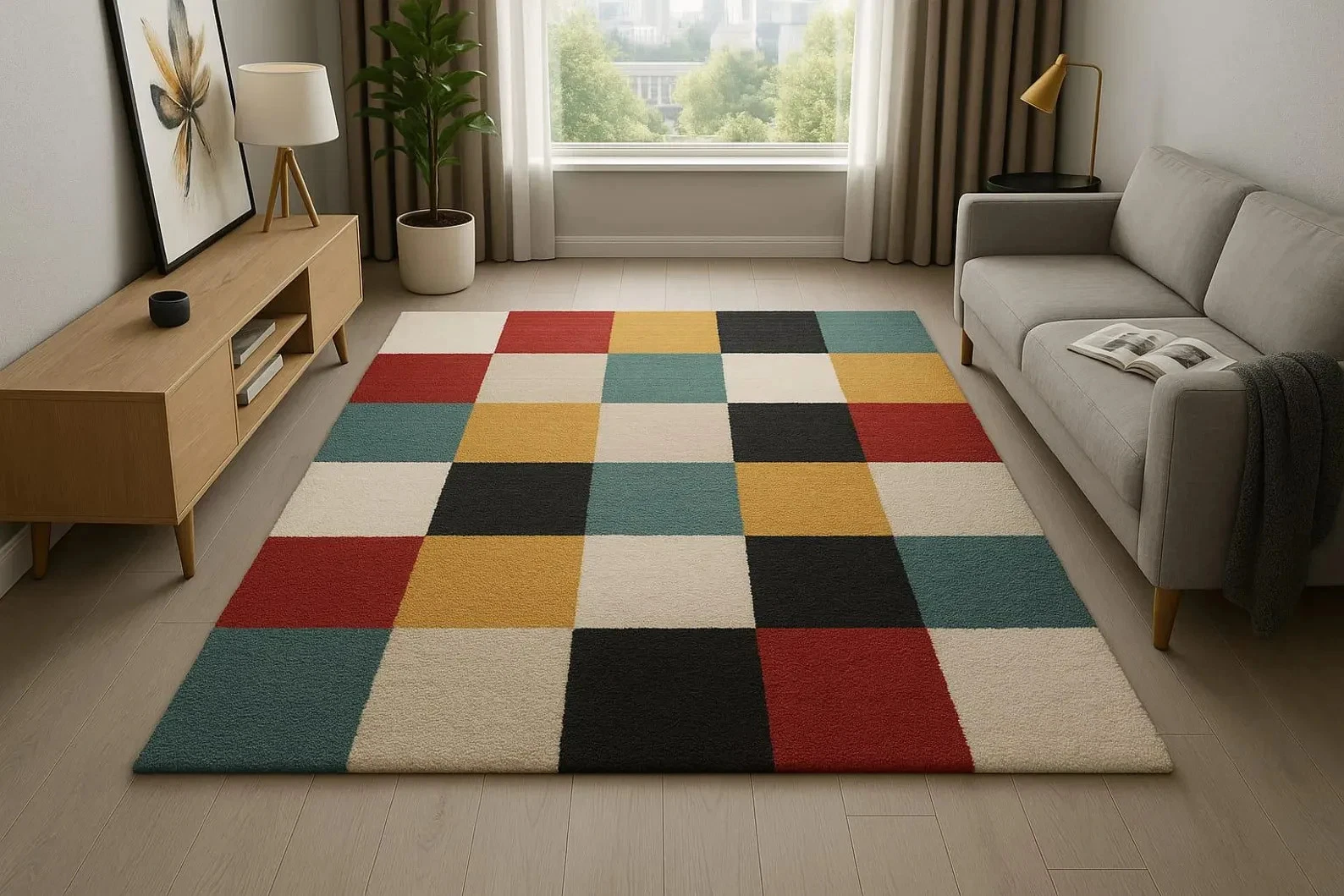 Abstract Hand Tufted Rug Colorful Geometric Area Rug, Mid Century Modern Decor