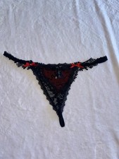 Vintage Fredericks Black Lace Red Heart Satin G-String Thong Panties Size M