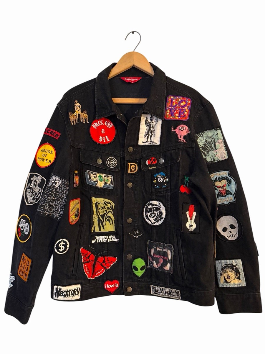 Supreme パッチワークデニムジャケット L Supreme Patches Denim Trucker Jacket Black Sz. L SS18 Rare