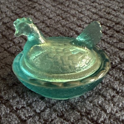 Vintage Miniature Blue Glass Hen on Nest