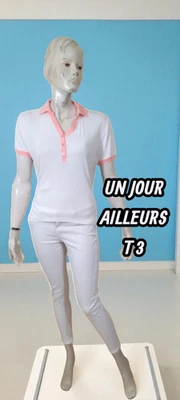 Un jour ailleurs Taille 40 Superbe polo manches courtes blanc et rose femme - Photo 1/4