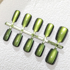 Press on Nails Short Square Green Glitter Shimmer False Tips Cat Eye With Glue