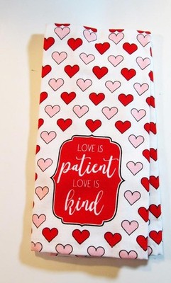 Kitchen Dish Towel Cotton 15x24 Love is Patient Love is Kind Red & White Hearts