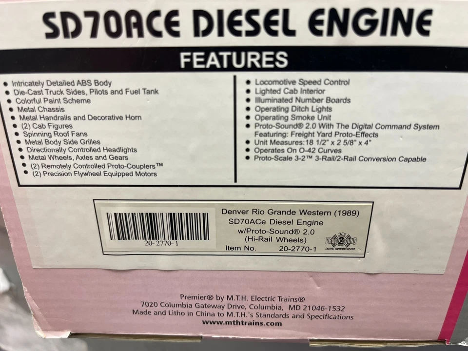 MTH 20-2770-1 O 3 Rail Denver  Rio Grande  Heritage #1989 SD70ACE With PS2.0 - Image 4 of 4