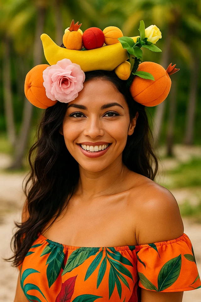 Mujer Tela Tropical Plátano Fruta Hawaiano Luau Disfraz Fiesta Sombrero Diadema Foto 3 de 4