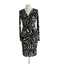 Ghost Tea Dress Womens Size XS Black/Cream Patterned Faux-Wrap Draped Stretchy.