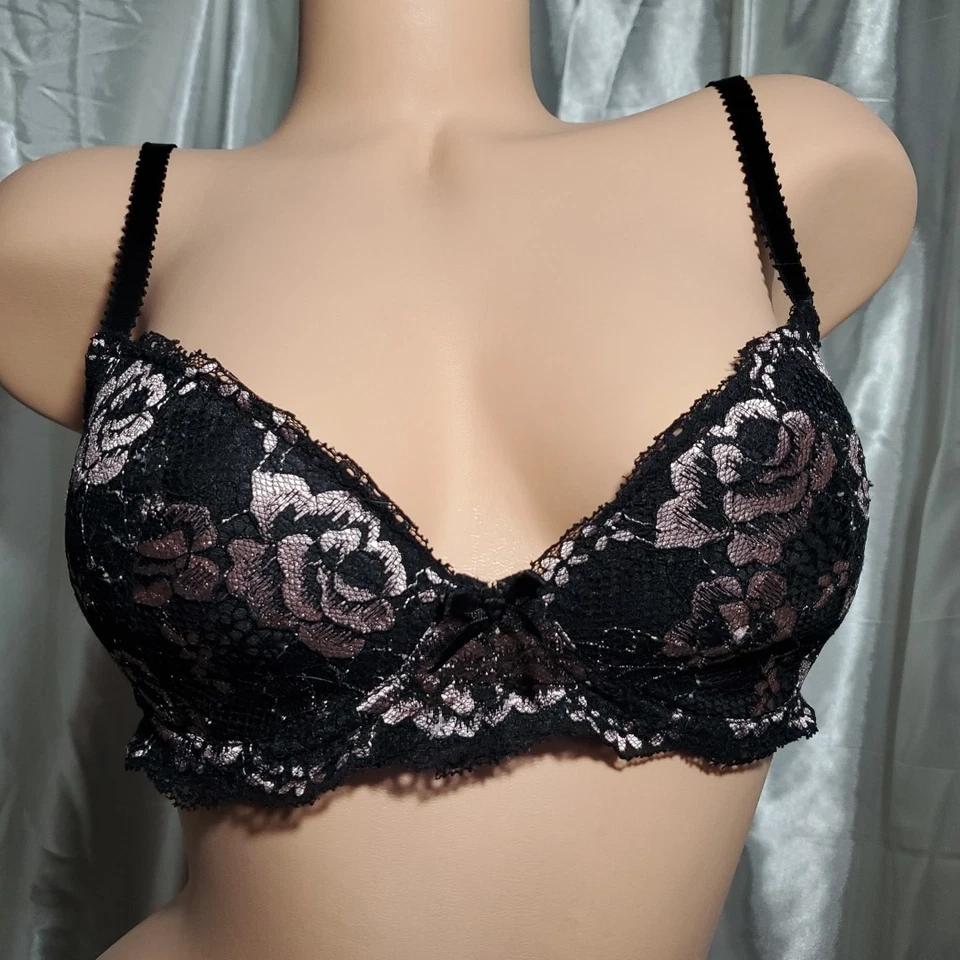FELINA Balconette Bra BLACK & PINK FLORAL Padded Embroidered Women's 36B - Image 2 of 4