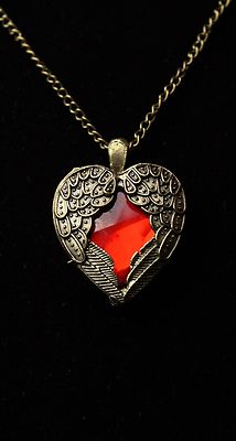 Steampunk Golden Winged Ruby Crystal Heart  Pendant on 24'' Chain Necklace