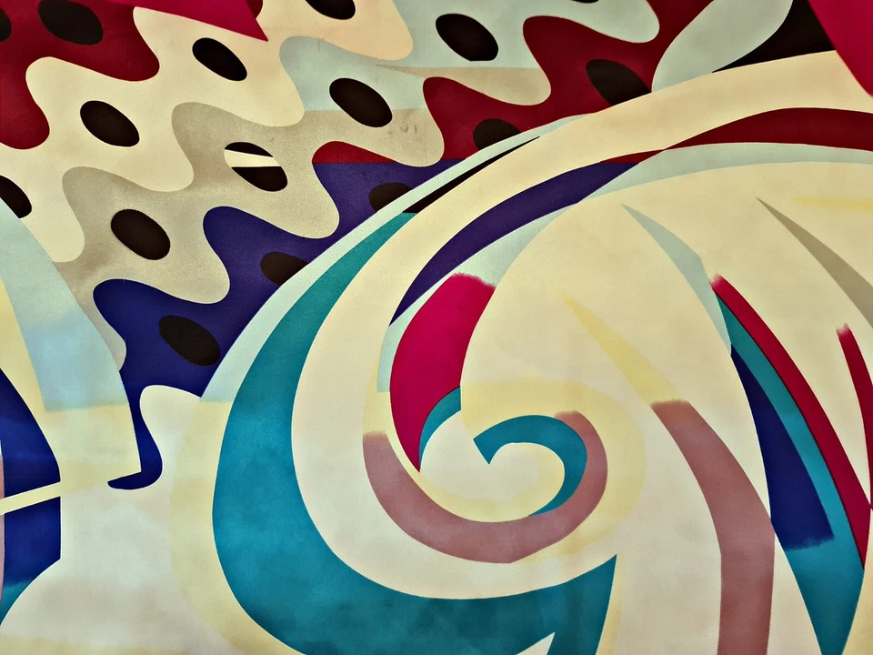 SCARF VINTAGE AUTHENTIC TONGSHI ABSTRACT MODERNISM ART BLUE BURGUNDY 35" SQUARE — 第 2/4 张图片