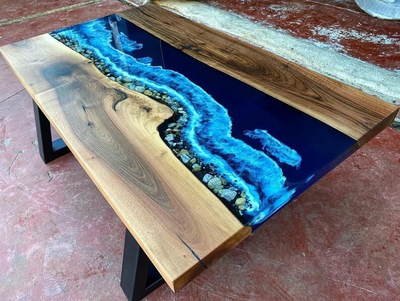 Mountain Blue River Epoxy Table Top, Epoxy Dining Table, Walnut Wood Epoxy Table