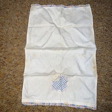 Vintage Linen Kitchen Tea Dish Towel Needlework Crocheted Edges Bird