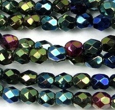 50 Firepolish Czech Glass Faceted Round Beads Iris - Green 4mm