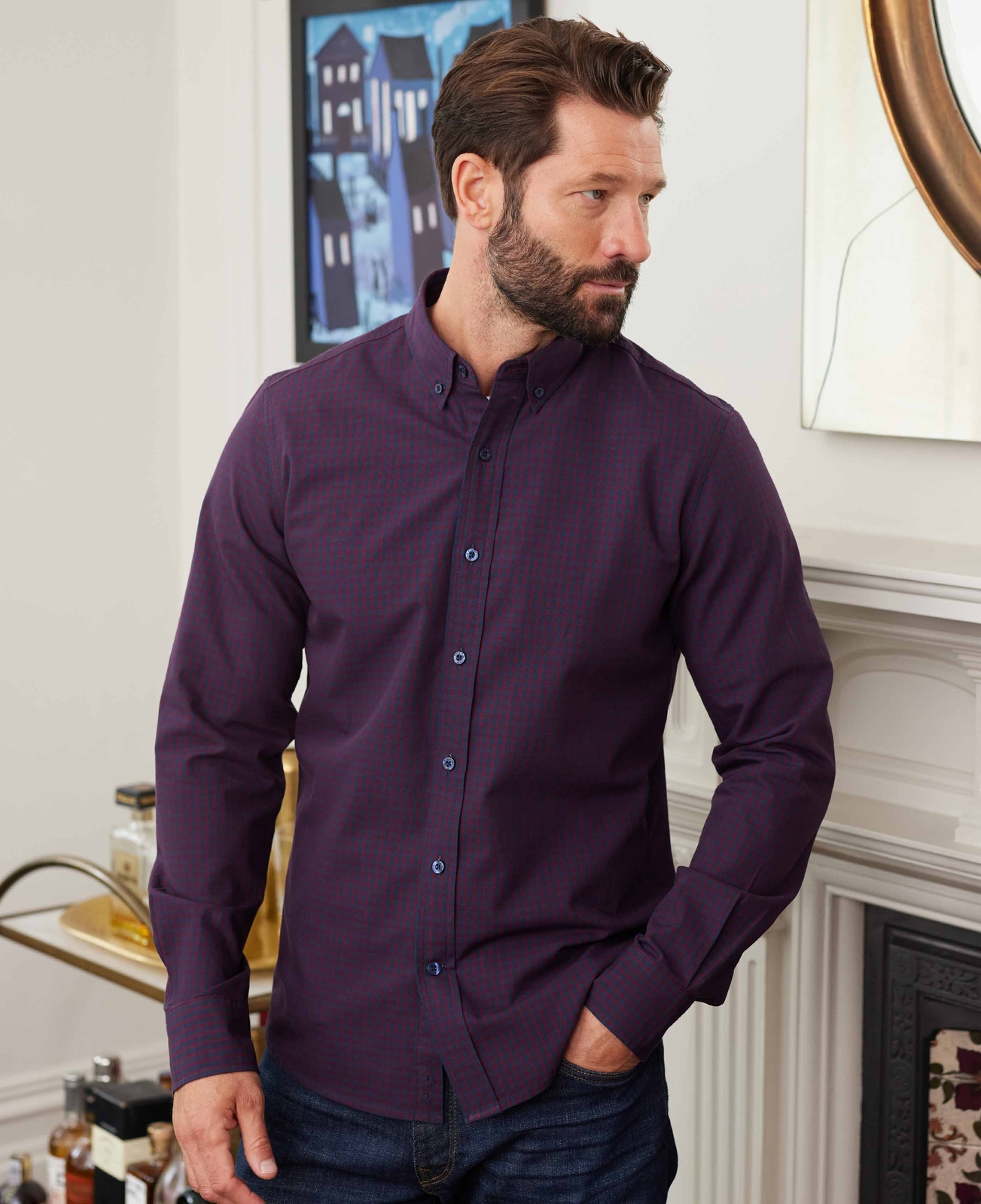 FILA Camicia Oxford da uomo Savile Row Company slim fit blu navy gingham manica lunga cotone