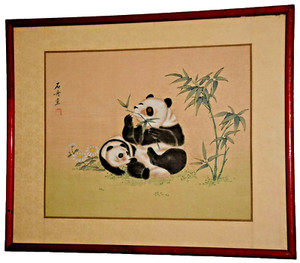 Antique Original Vintage Signed Seal Chinese Panda Bear Silk Watercolor Painting