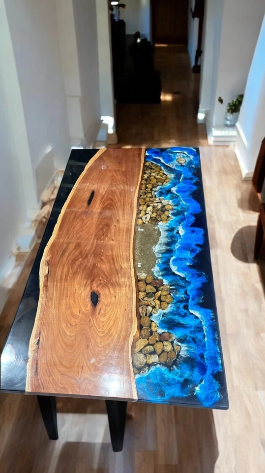 Blue Ocean Wave Epoxy Resin Center Dining Table Natural Acacia Wooden Home Decor - Image 3 of 4