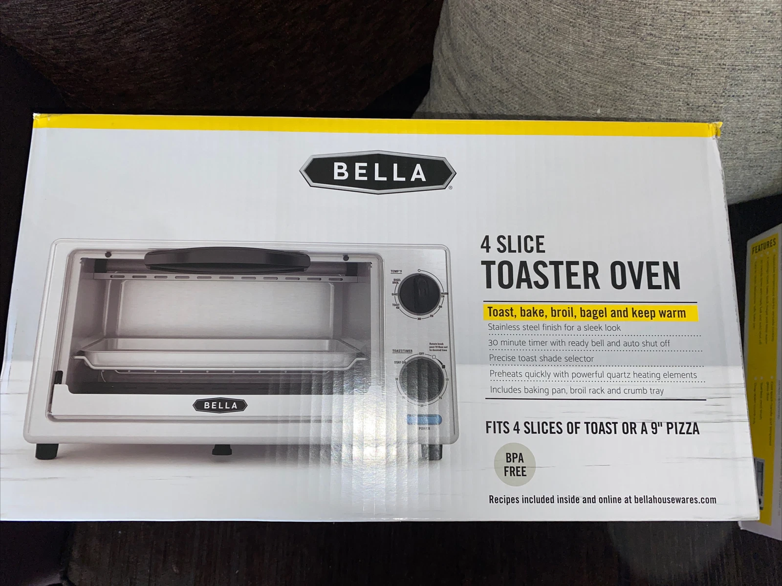 Bella, 4 Slice Toaster Oven, Stainless Steal, BPA Free Toast Bake Broil
