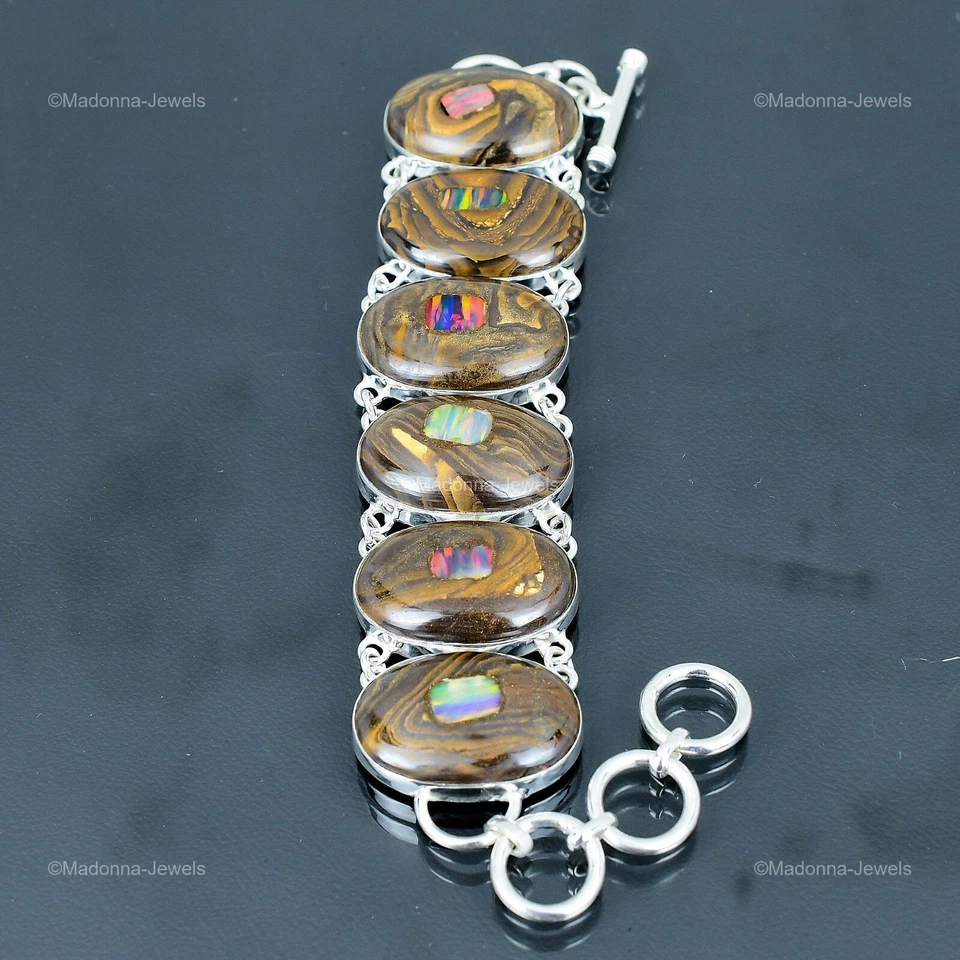 Pulsera bisel cadena ópalo etópico natural en roca plata de ley 925 Foto 3 de 4