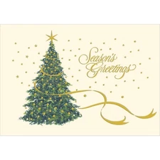 Season's Greetings Swirling Gold Foil Garland on Tree Box of 15 Christmas Cards