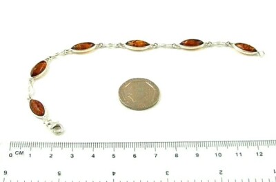 Massives Sterlingsilber 7,25 Zoll Marquise Gliederarmband cognacfarben baltischer Bernstein