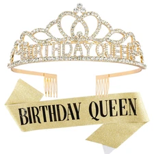 Gold Birthday Crowns and Sash - Queen Tiara for Party Decorations