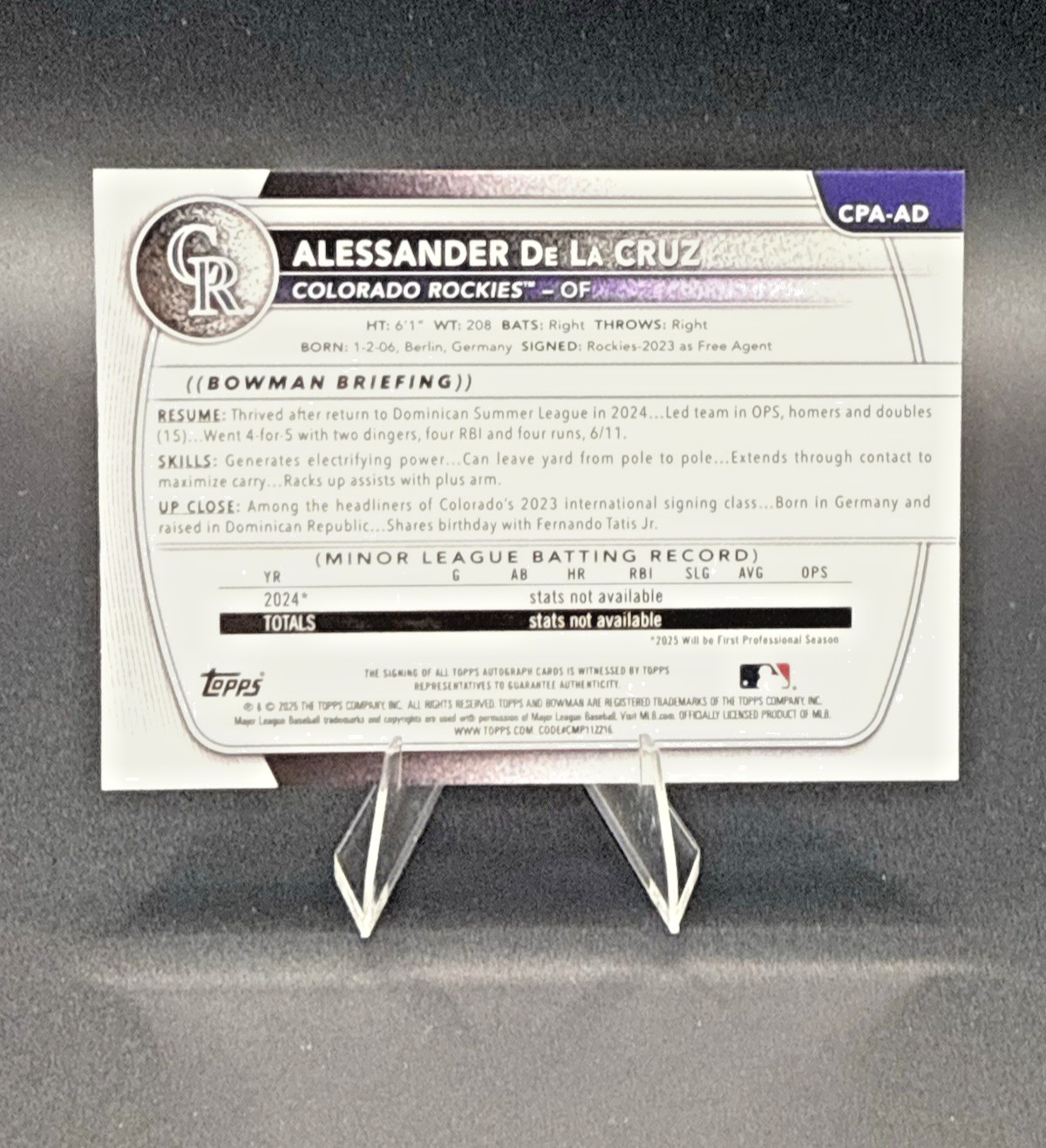 2025 Bowman Chrome Alessander De La Cruz Auto 1st Prospect #CPA-AD Rockies view 2