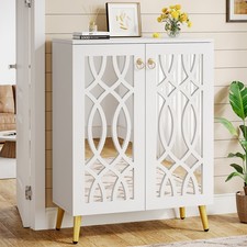 Image of 5-Tier Mirrored Shoe Cabinet White Modern Shoe Organizer with Doors for 25 Pairs