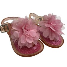 NWOT Toddler Girls Sz 3 Pink Glitter Jellies Flower Sandals Adjust Slingback