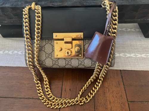 Gucci Padlock GG Small Beige Brown GG Canvas/Black Brown Leather Handbag