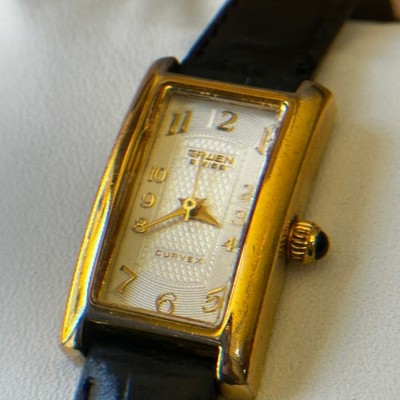 Gruen Swiss Curvex GSL024 Gold Tone Rectangular Watch Black Band New Battery