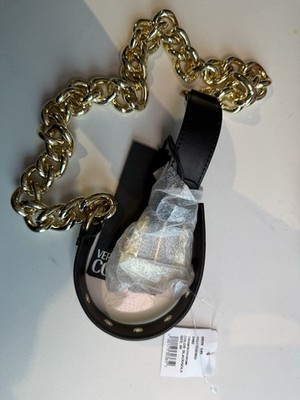 Authentic Gold Chain Versace Couture Women  Belt with  Black Leather Strap!