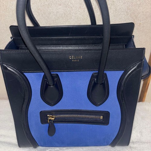 Celine Luggage Micro Shopper Tote Handbag Leather Black Blue Bicolor