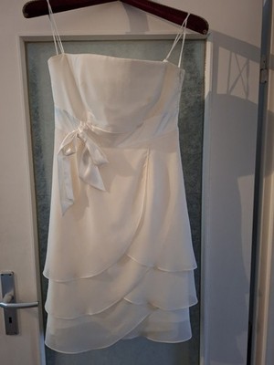 Marie Blanc Abendkleid kurz trägerlos weiß mit Schleife Rüschen Gr. M