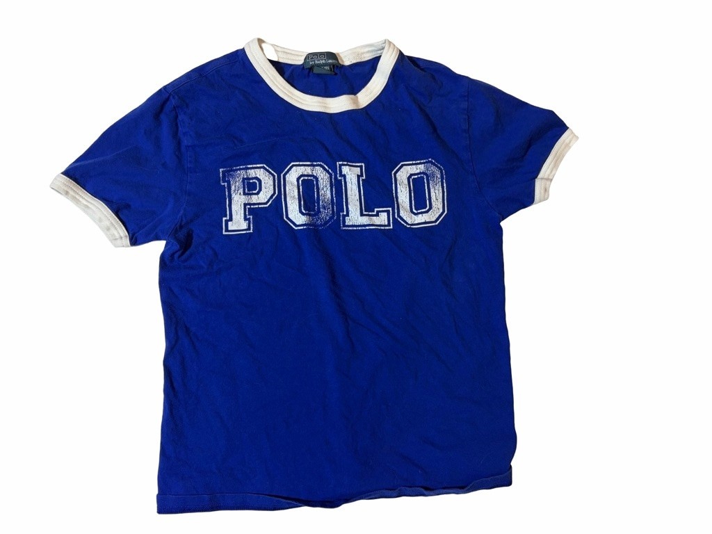 Polo Ralph Lauren 67 Blue Ringer Tee Distressed Logo Graphic Shirt Boys 10 12