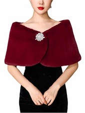 Womens Wedding Faux Fur Wraps Shawls Winter Shrug Brooch Brides Burgundy