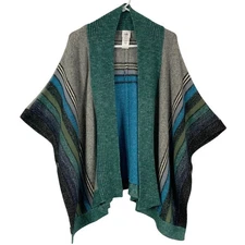 Cabi Women Striped Knit Open Poncho Cape Shawl XS S Green Blue Gray