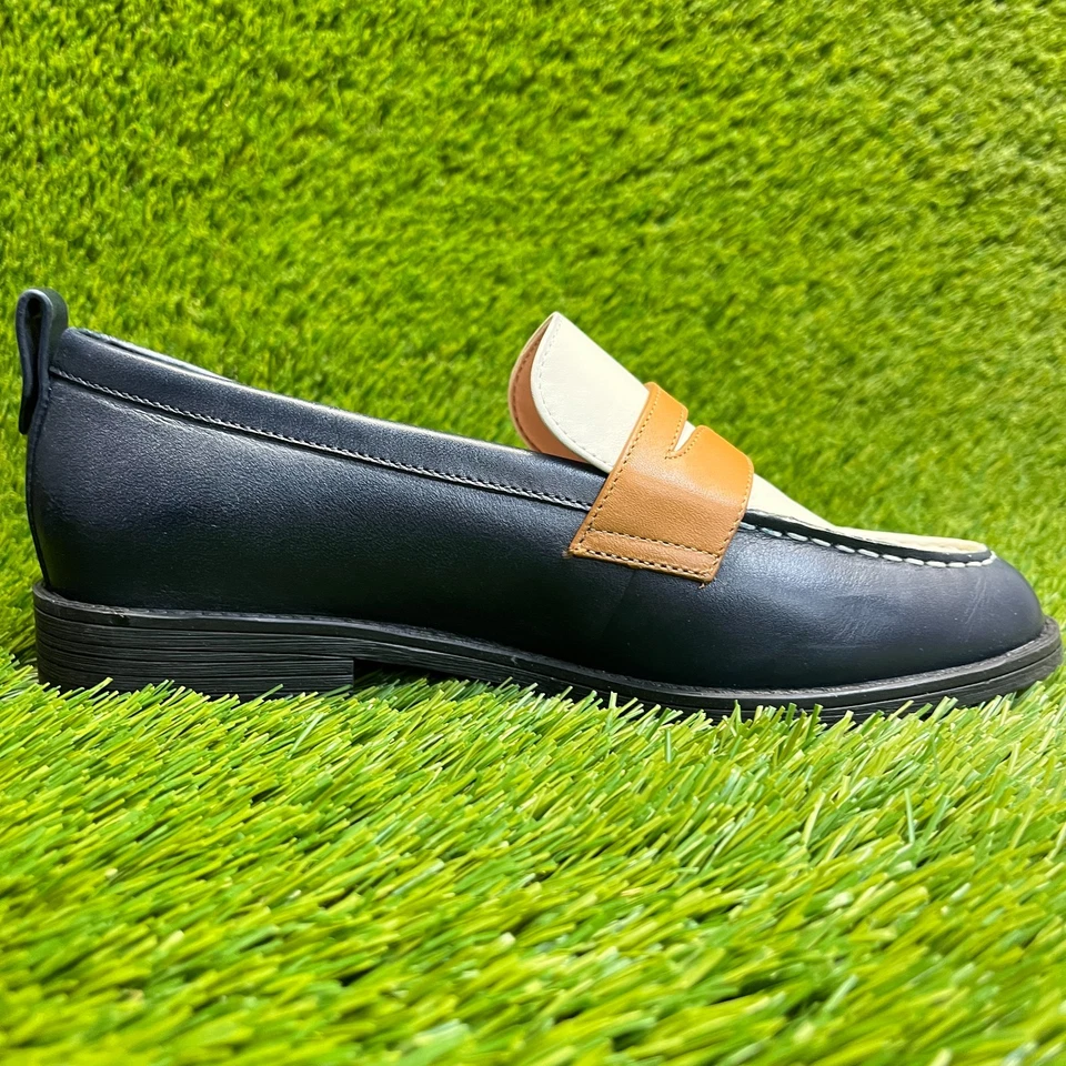 Cole Haan Stassi Womens Size 7 Navy Blue Cream Classic Penny Loafer Flats Shoes - Image 4 of 4