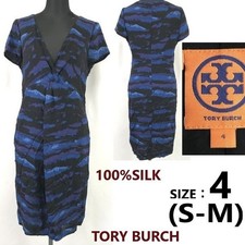 TORY BURCH 100 Silk Knee Length Short Sleeve Dress 4 S-M Blue Deep V Party Dress