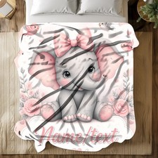 Baby Elephant Name Text Coral Fleece Blanket Personalized Nursery Decor