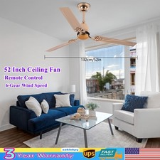 52 Inch Ceiling Fan Remote Control 3 Iron Blades Home DC Motor Bedroom Gold 22W