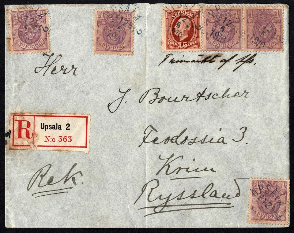 瑞典 1910 年克里米亚注册封面,39 Öre,5x4 Öre,捷克苏达州 俄罗斯 — 第 2/3 张图片