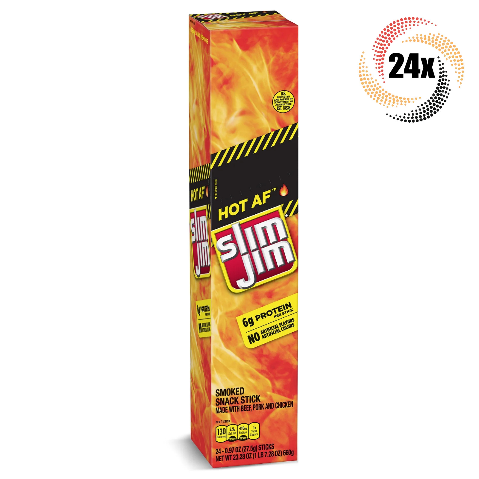 Полная коробка 24-кратных закусочных палочек Slim Jim Hot AF Giant | 97 унций | 6 г протеина