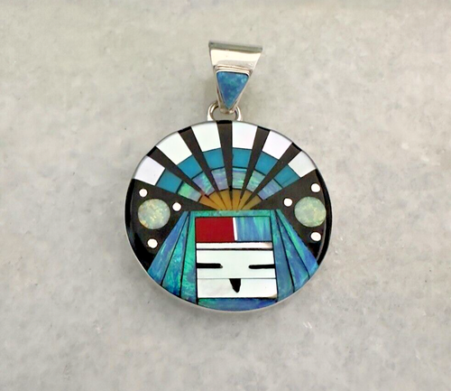 Native Kachina Sun Face Pendant Navajo Inlaid Onyx Turquoise Mother of Pearl - Picture 2 of 8