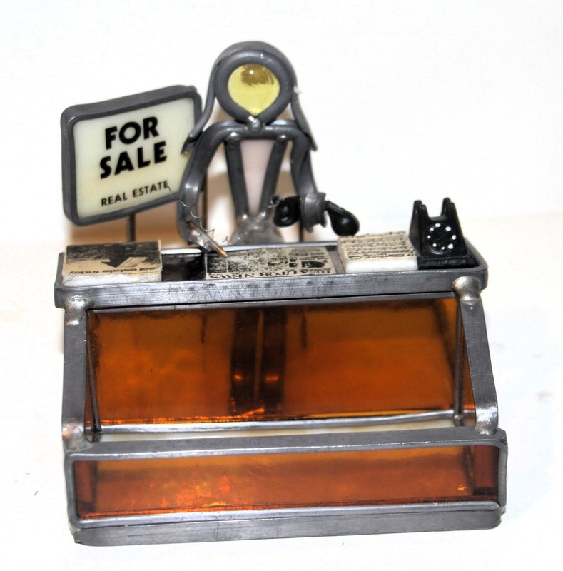 VINTAGE Business CARD Holder METAL SCULPTURE for REAL ESTATE Person BROKER AGENT