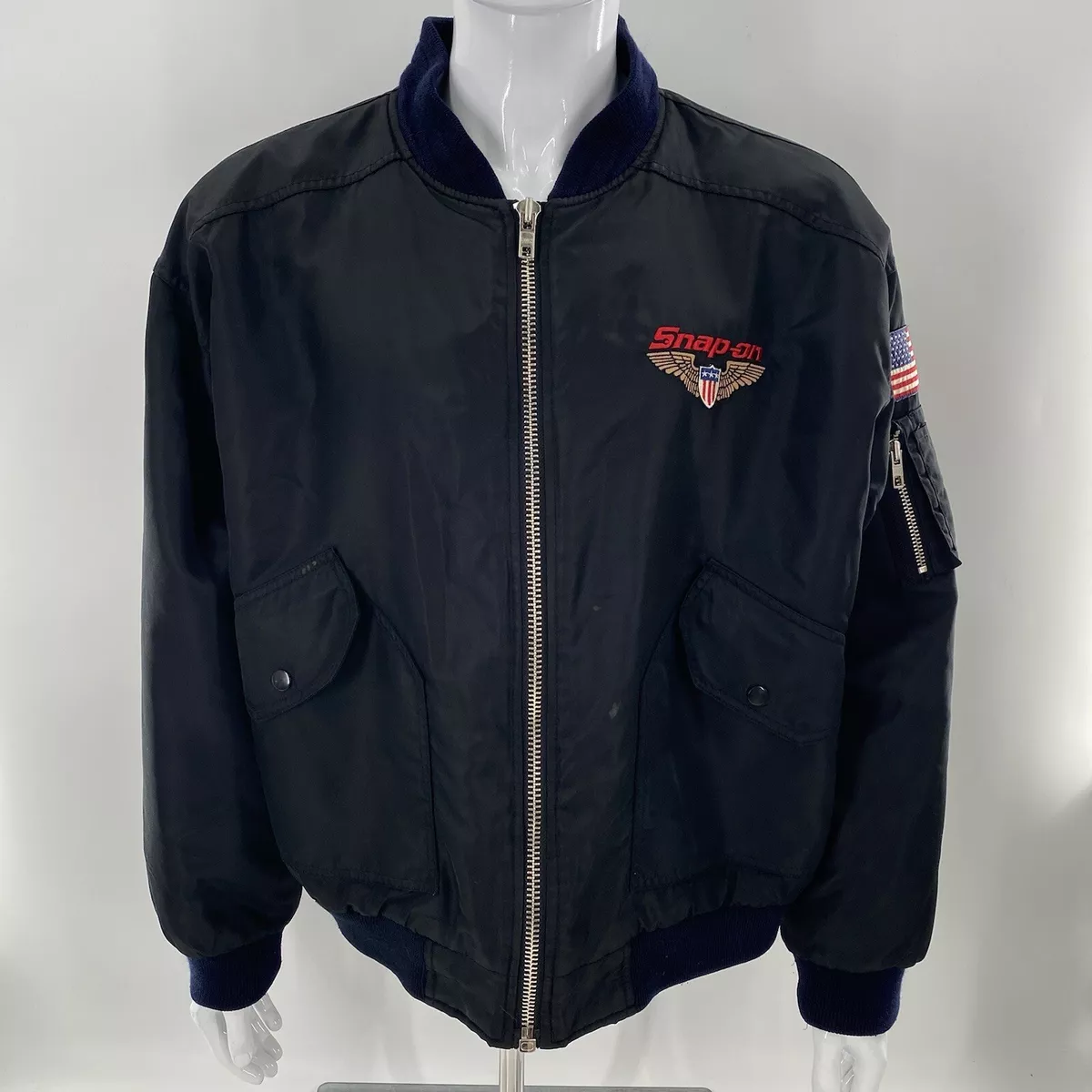 Vintage Snap On Satin Bomber Jacket XL Black 80s 90s Racing Eagle USA Flag