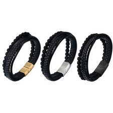 Multilayer Men's Braided Lava Stone Leather Bracelet Magnetic Buckle Wristband