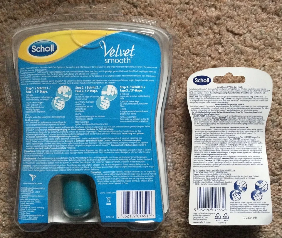 Sistema electrónico de cuidado de uñas Scholl Terciopelo, azul y 3 cabezales de repuesto - nuevo sellado Foto 2 de 4