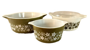 Set of 3 Vintage Avocado Green Spring Crazy Daisy Casserole Dish 2.5, 1.5 & 1 Qt