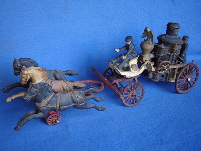 cast iron 3 horse drawn fire wagon